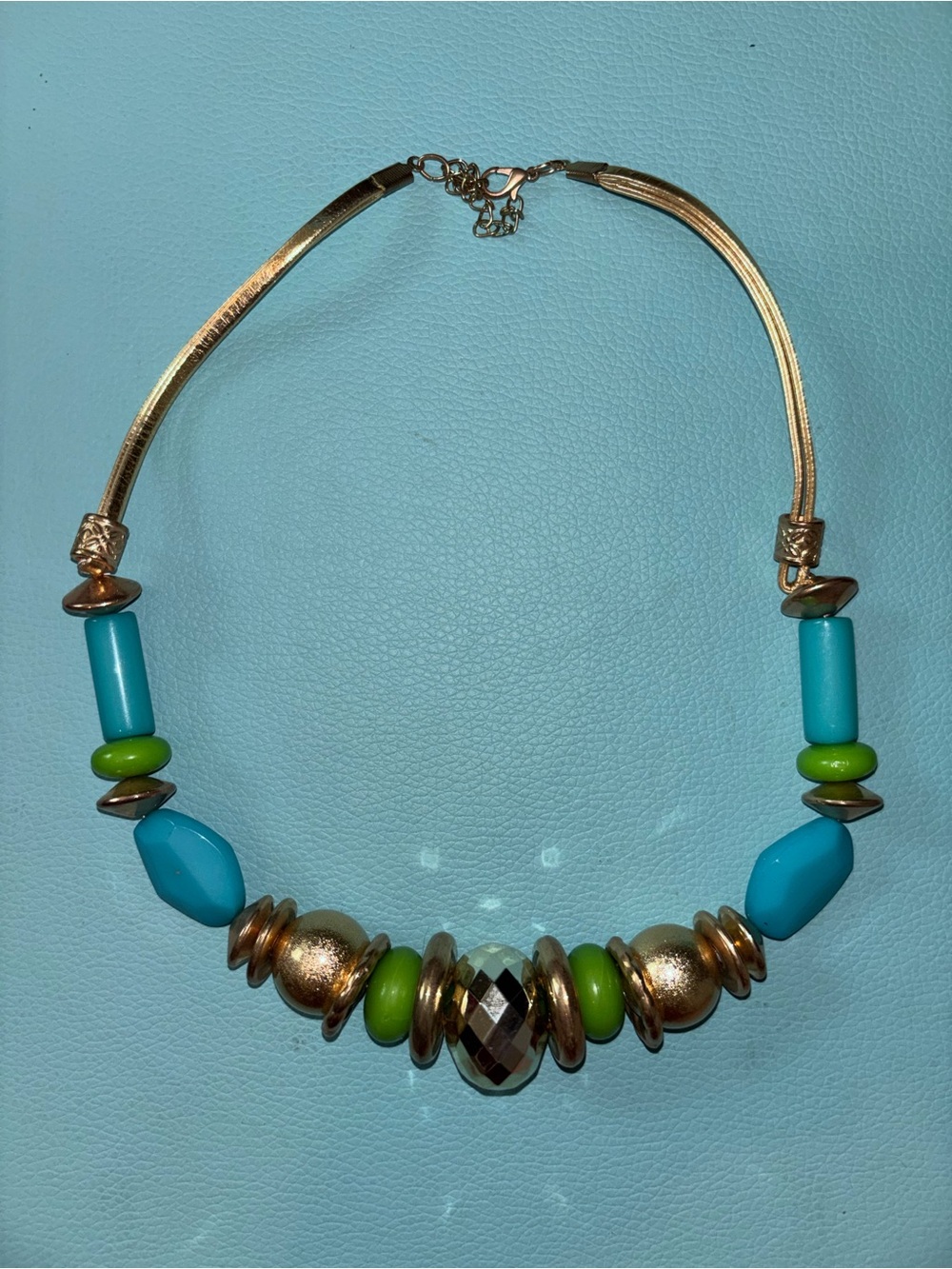 Gold-Tone Necklace with Turquoise and Lime Beads